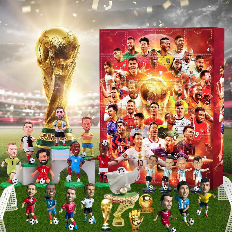 Red 2026 soccer advent calendar with 24 numbered doors