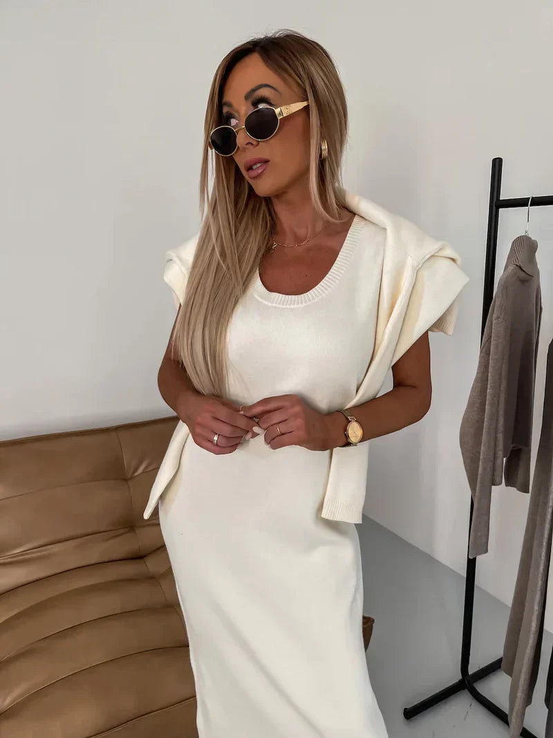 Women's midi dress set styled with a matching turtleneck sweater
