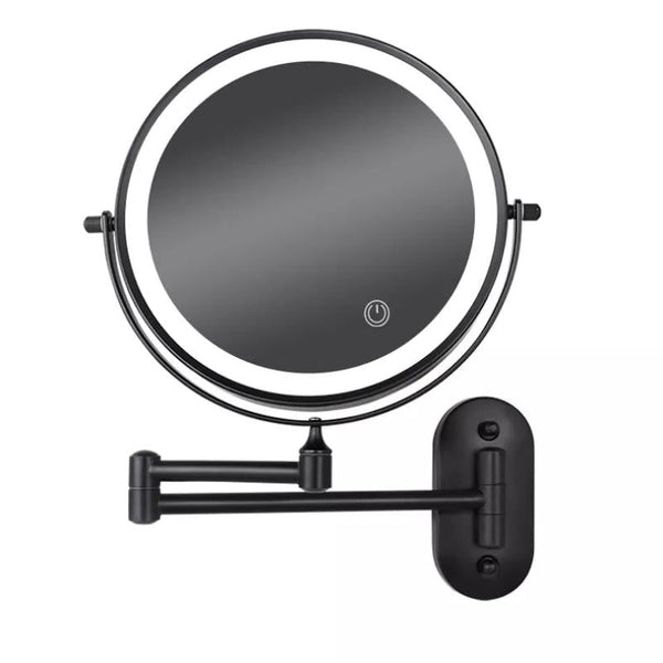 Black wall mounted LED makeup mirror with adjustable swing arm