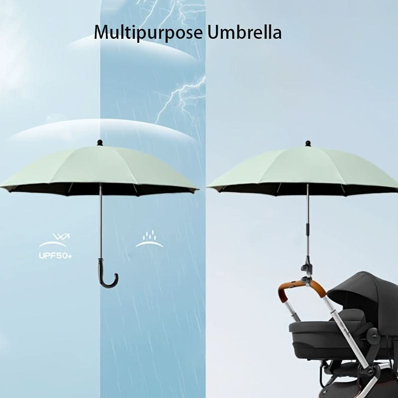 Cream UV stroller sunshade with bendable arm and universal clamp