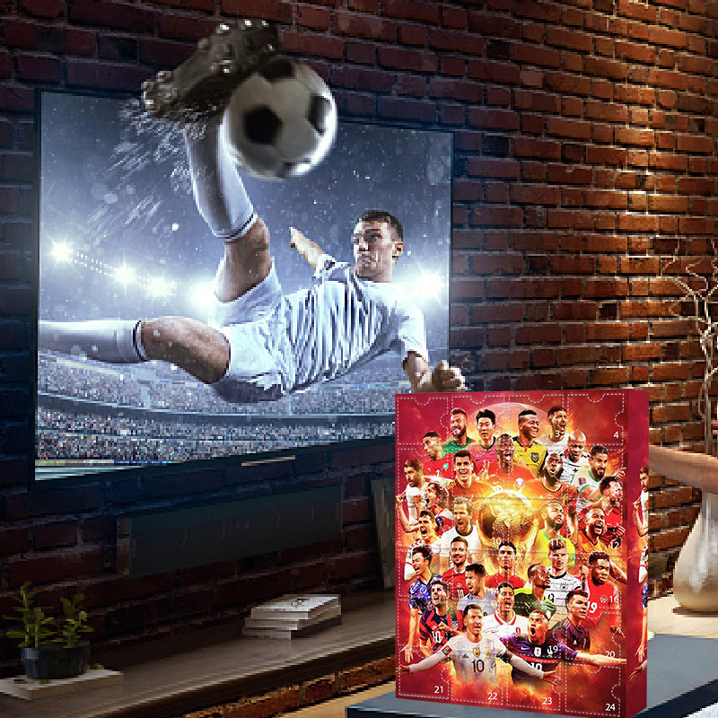 Red 2026 soccer advent calendar with 24 numbered doors