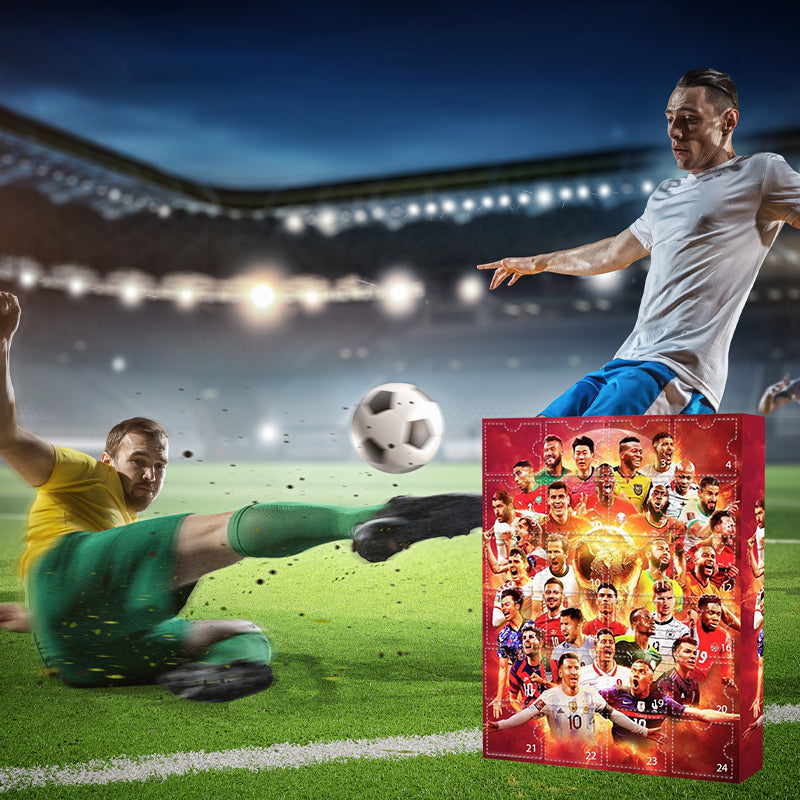 Red 2026 soccer advent calendar with 24 numbered doors