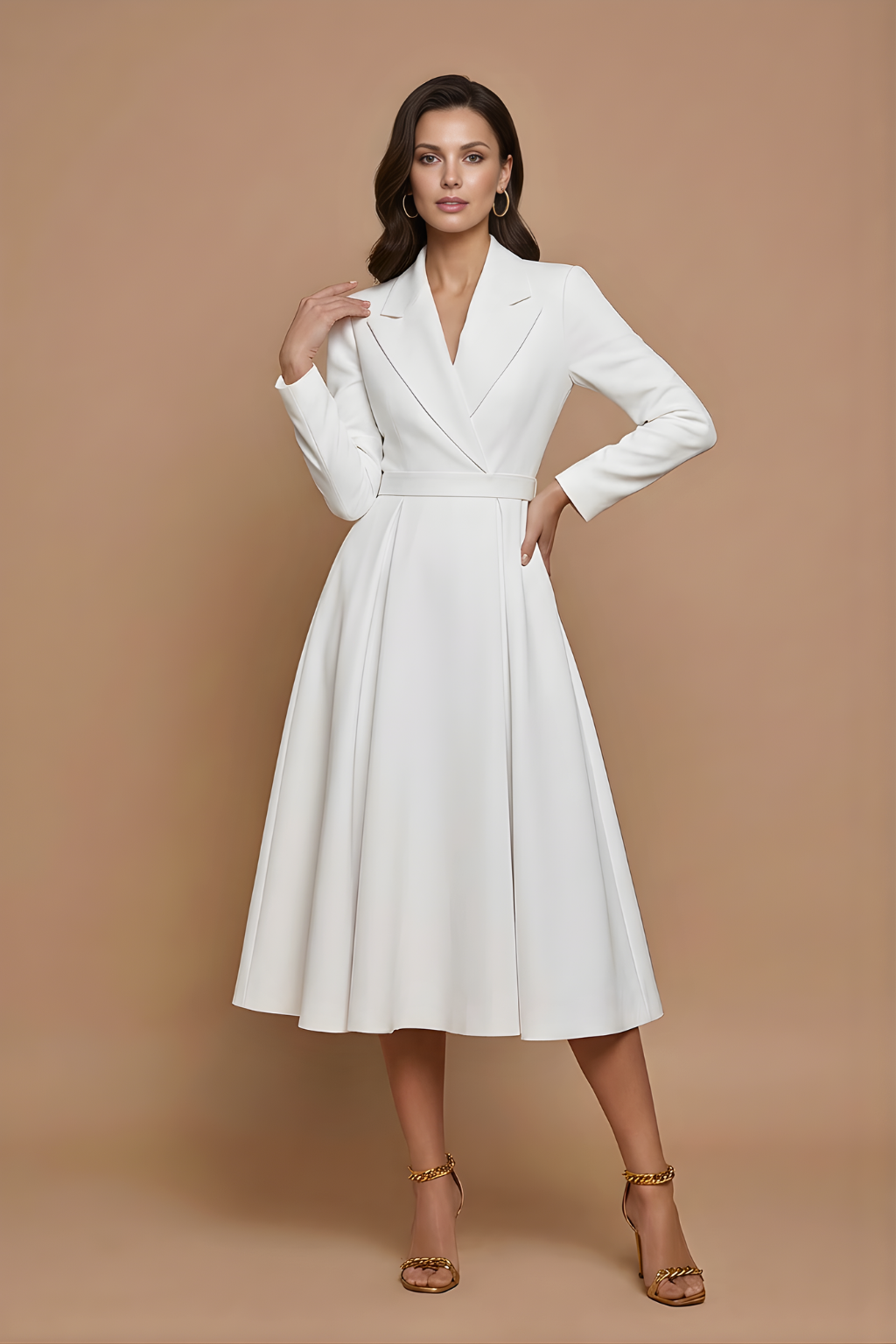 Women's A-line midi dress with notched lapel, long sleeves, and full pleated skirt