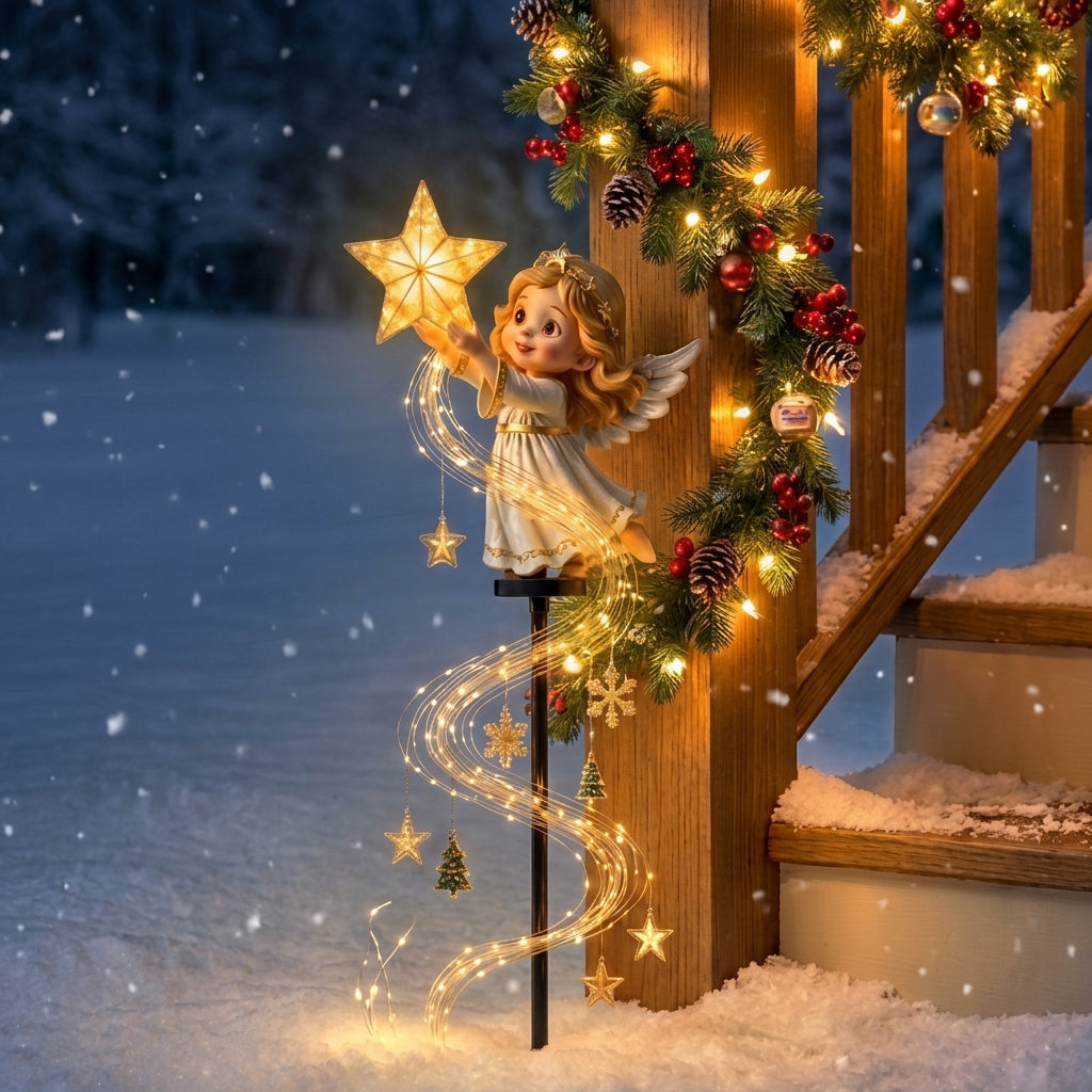 Christmas garden stake light with a decorative figure and warm white festive light strands