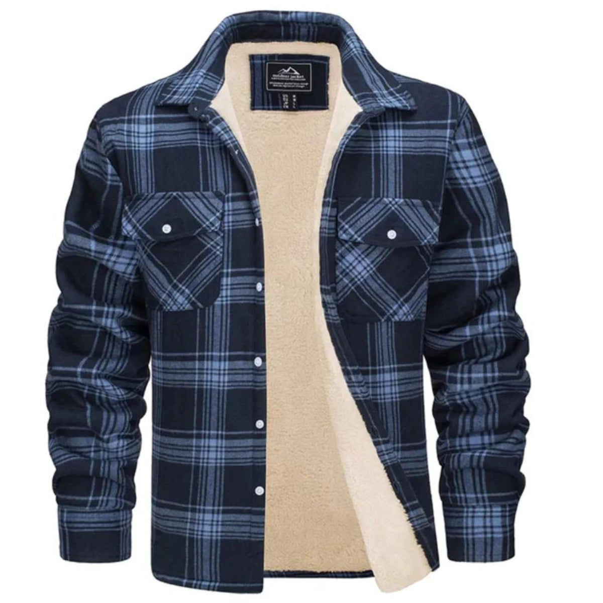 Men's plaid sherpa-lined flannel shirt jacket with button front and chest pockets