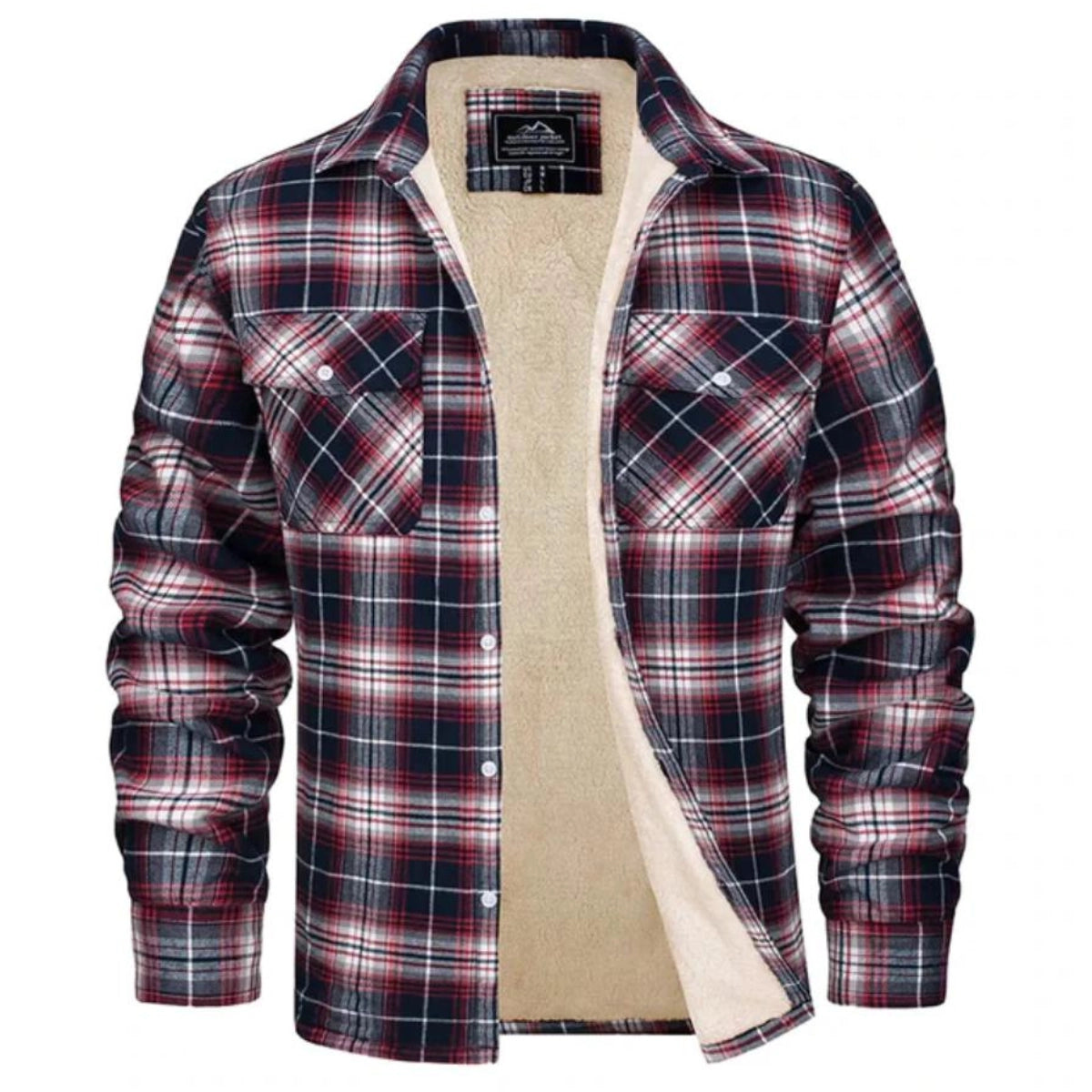 Men's plaid sherpa-lined flannel shirt jacket with button front and chest pockets