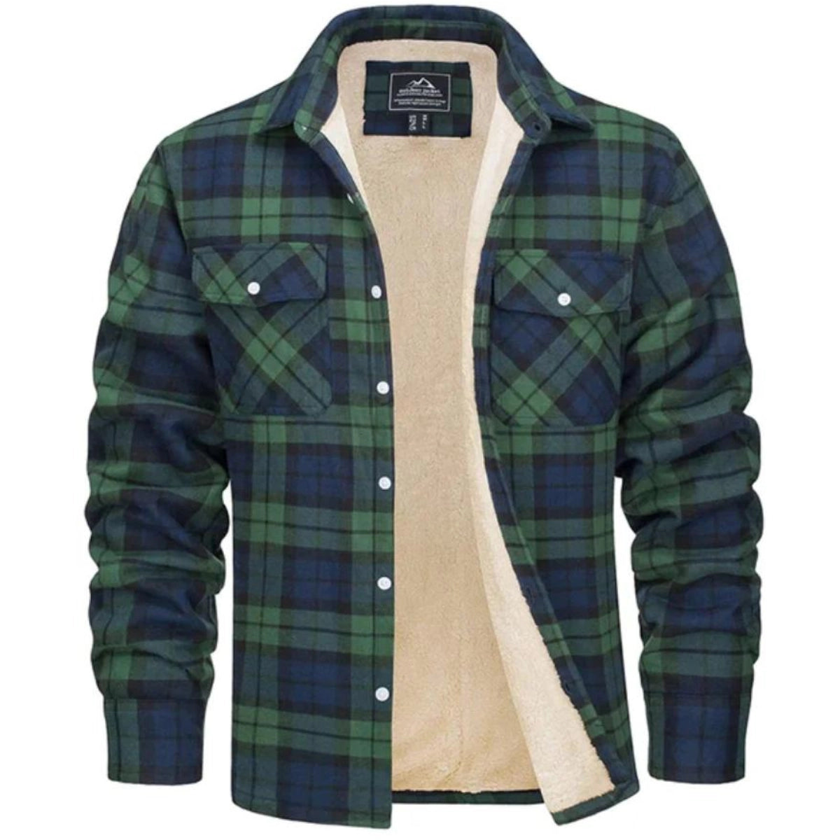 Men's plaid sherpa-lined flannel shirt jacket with button front and chest pockets