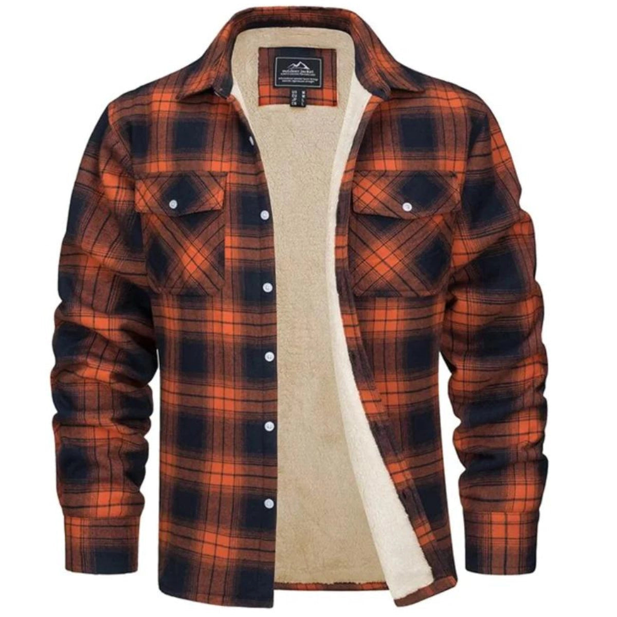 Men's plaid sherpa-lined flannel shirt jacket with button front and chest pockets
