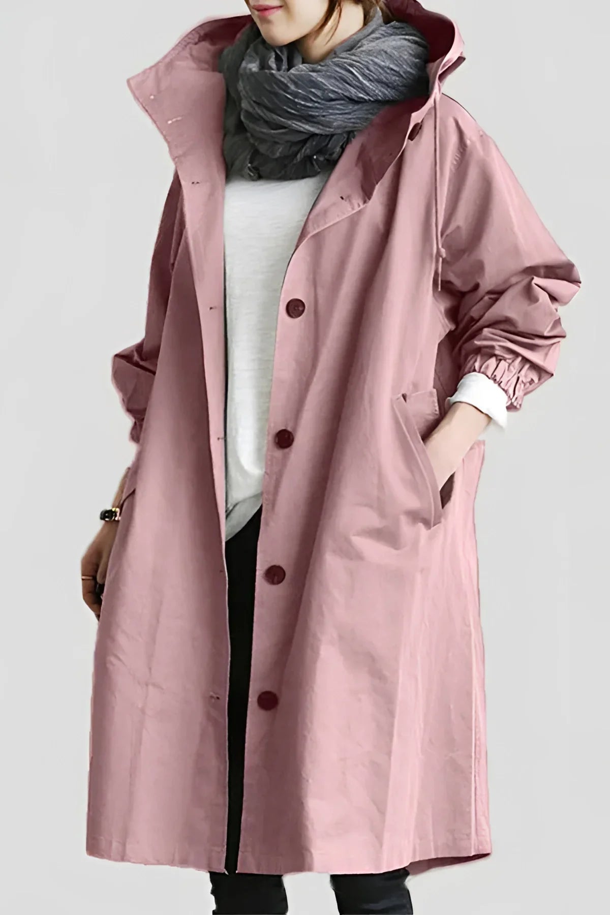 Women's longline hooded trench coat with button front and gathered sleeves