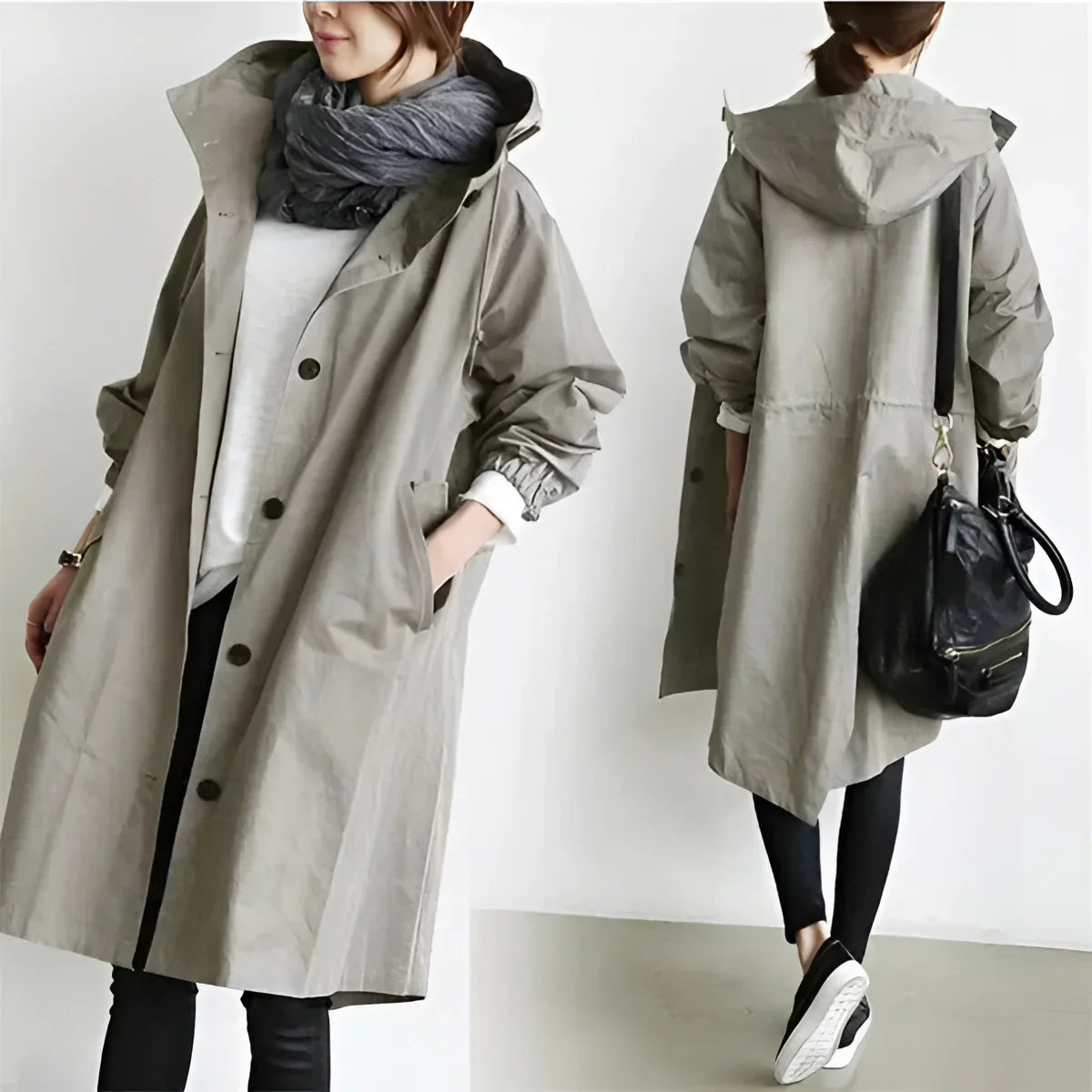 Women's longline hooded trench coat with button front and gathered sleeves