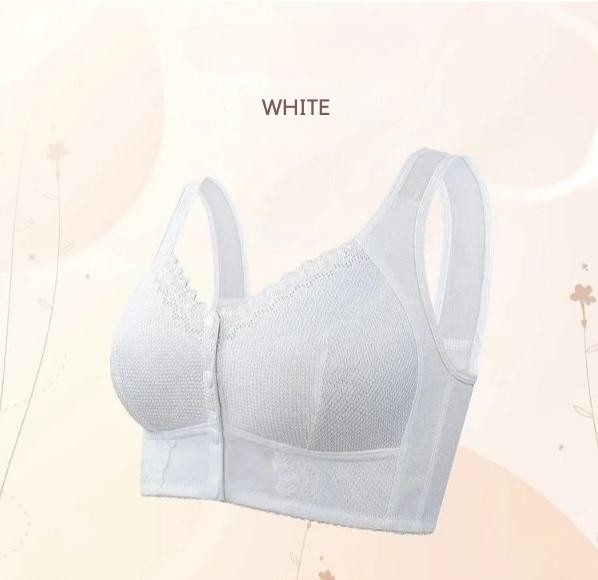 Women's wireless bra with molded cups, wide straps and front button closure