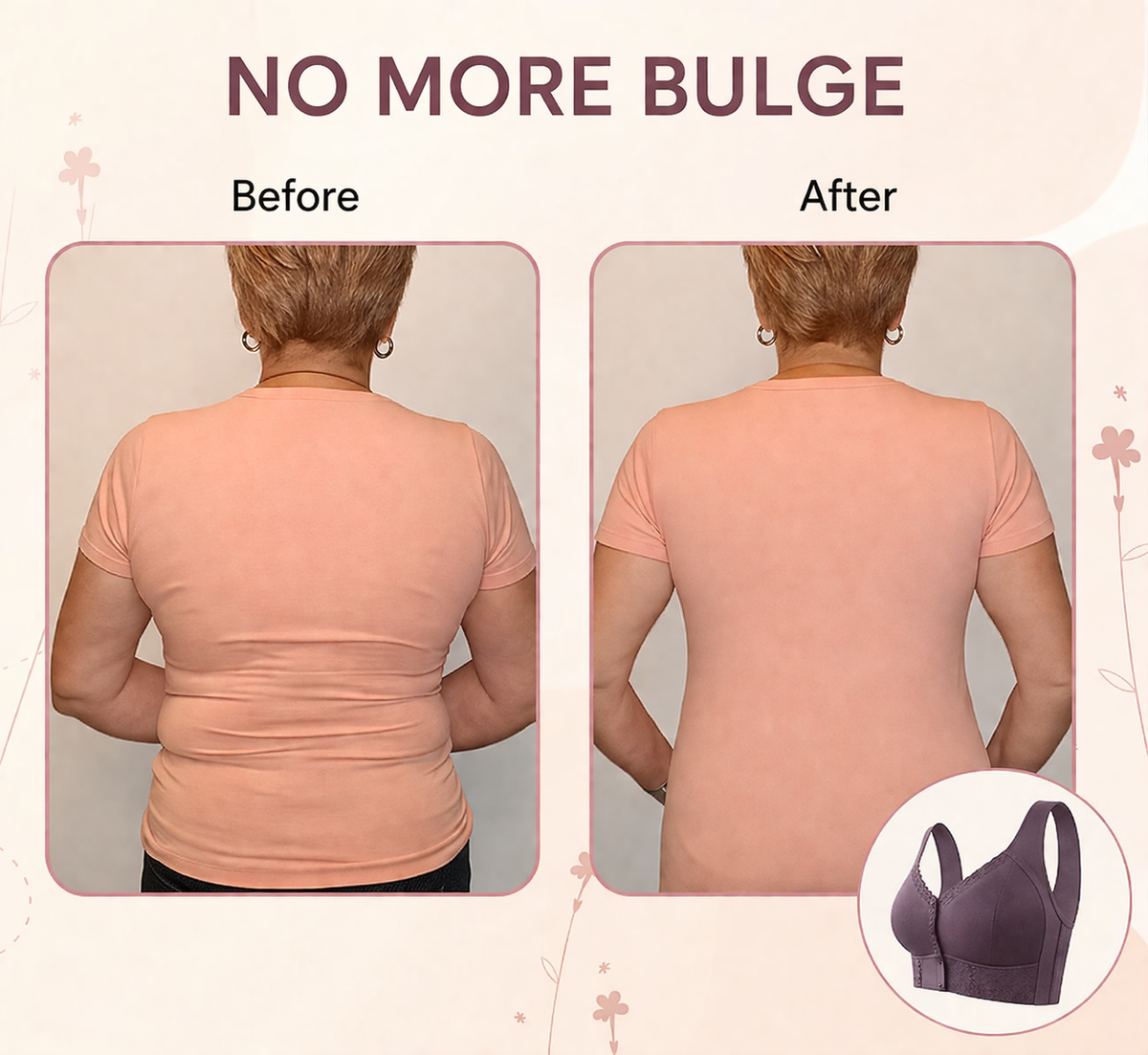 Women's wireless bra with molded cups, wide straps and front button closure