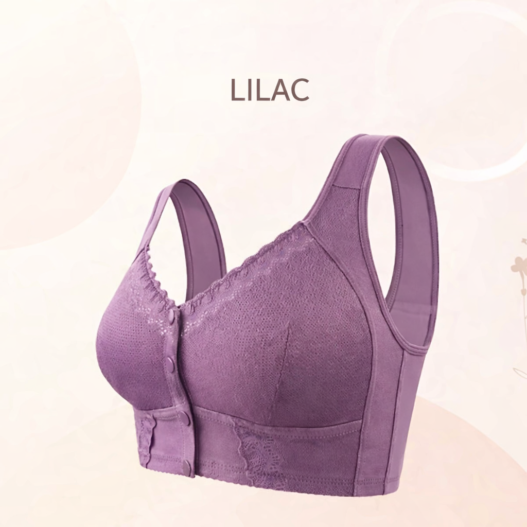 Women's wireless bra with molded cups, wide straps and front button closure