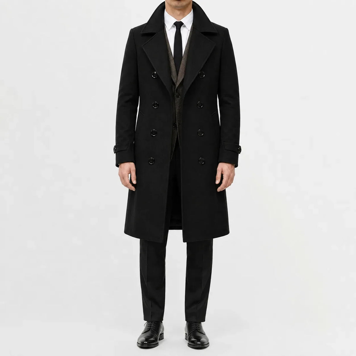 Men's long double-breasted trench coat with notched lapels and cuff tabs