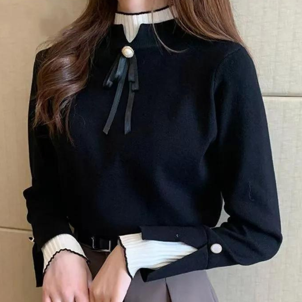 Women's mock neck sweater with contrast cuffs and ribbon bow detail