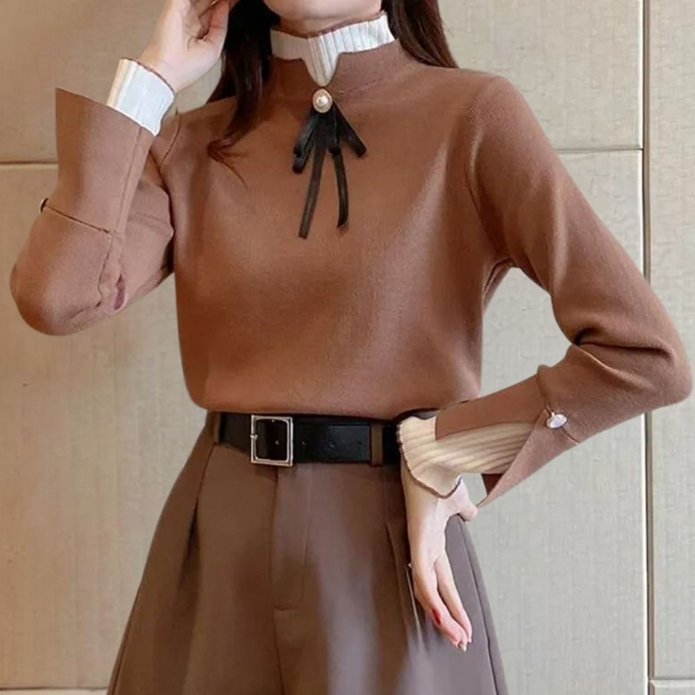 Women's mock neck sweater with contrast cuffs and ribbon bow detail