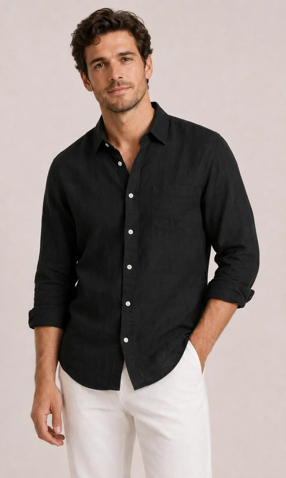 Men's long-sleeve casual V-neck button-front shirt with chest pocket