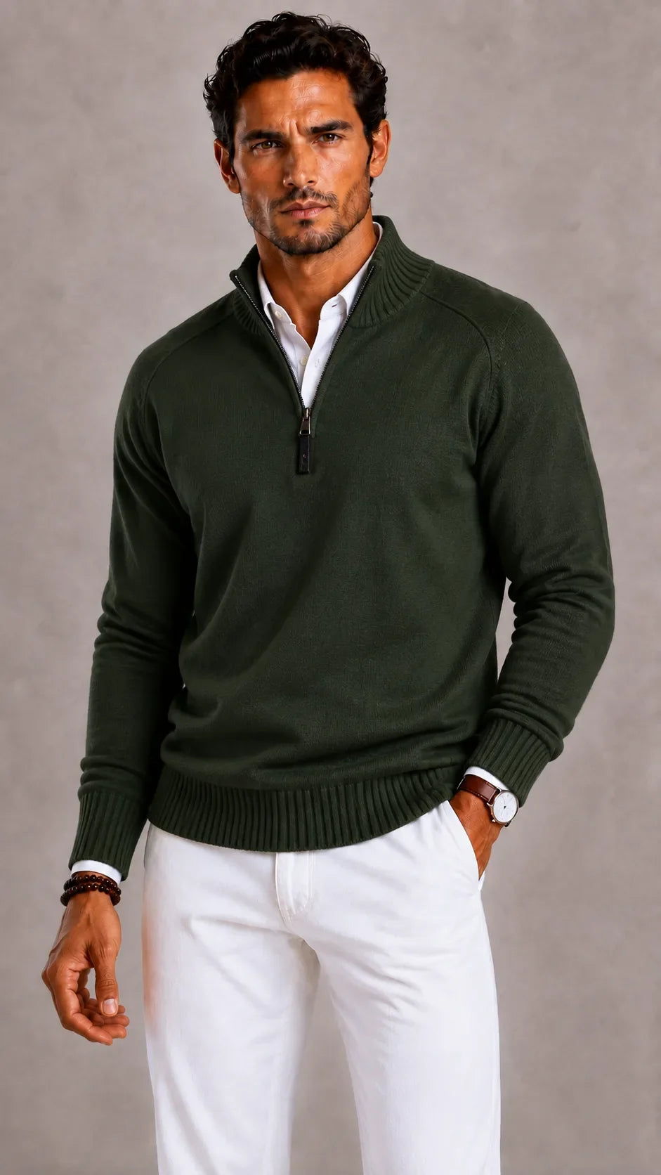 Men's quarter-zip turtleneck sweater with textured knit and ribbed trim