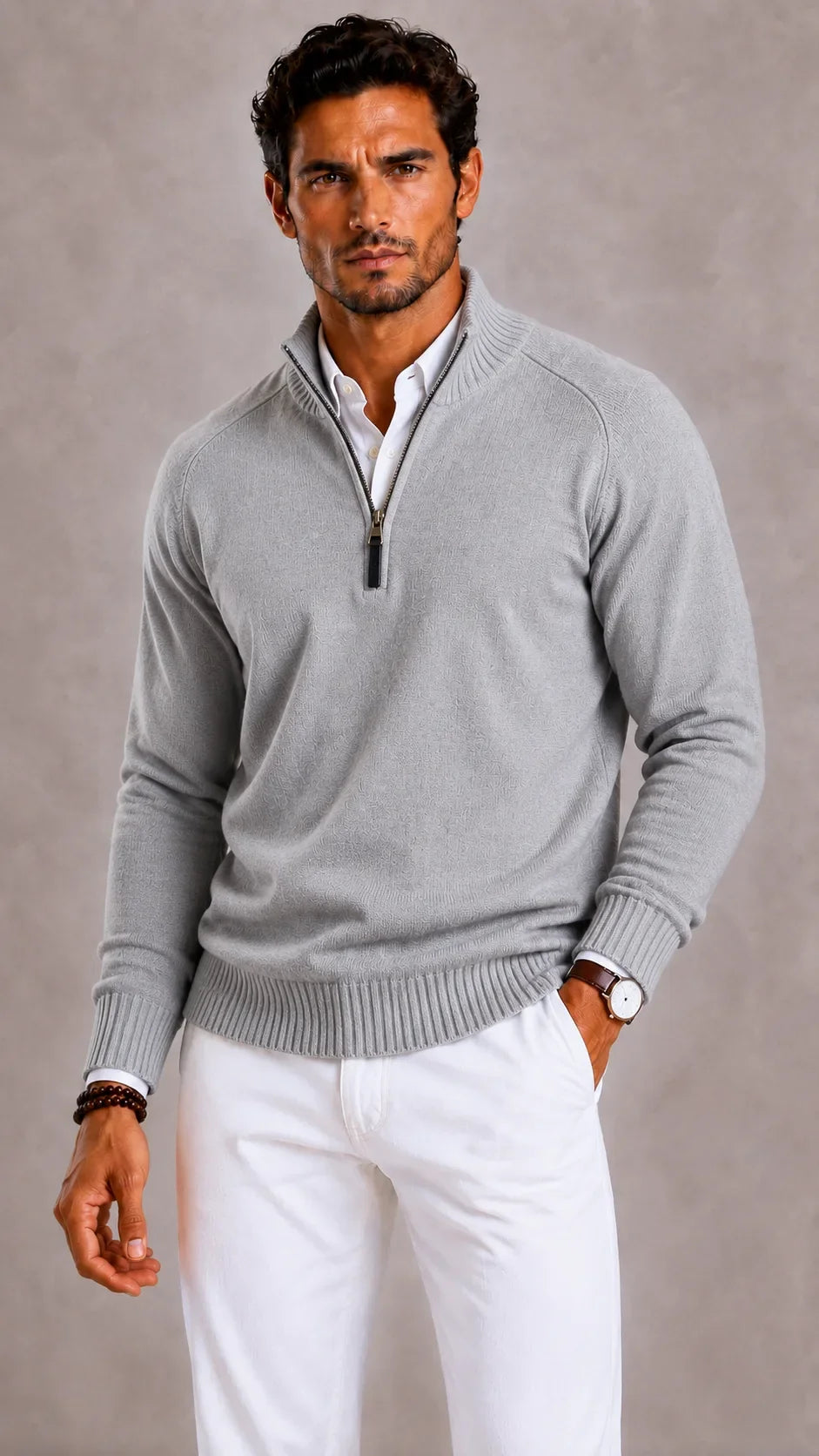 Men's quarter-zip turtleneck sweater with textured knit and ribbed trim