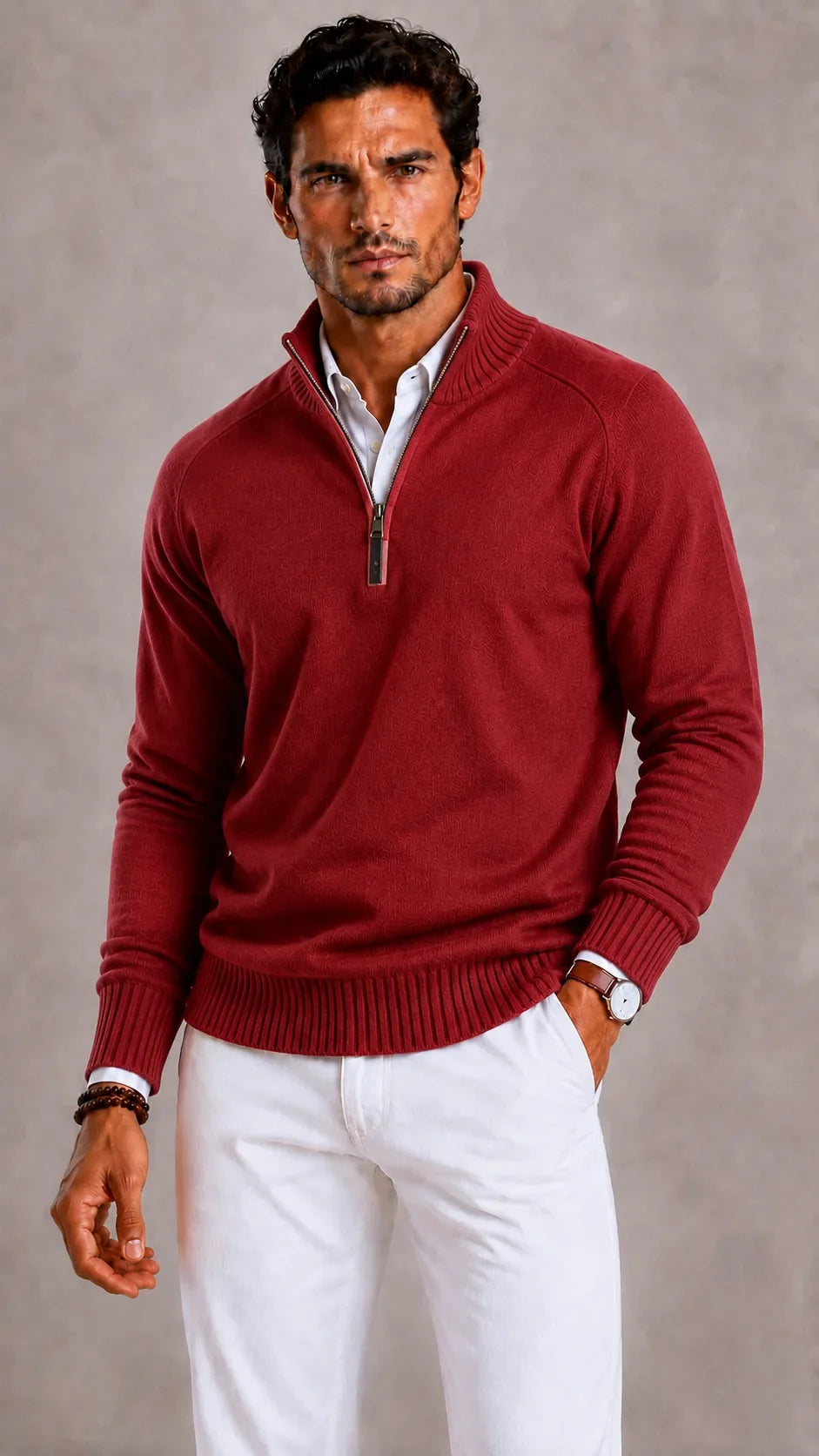 Men's quarter-zip turtleneck sweater with textured knit and ribbed trim