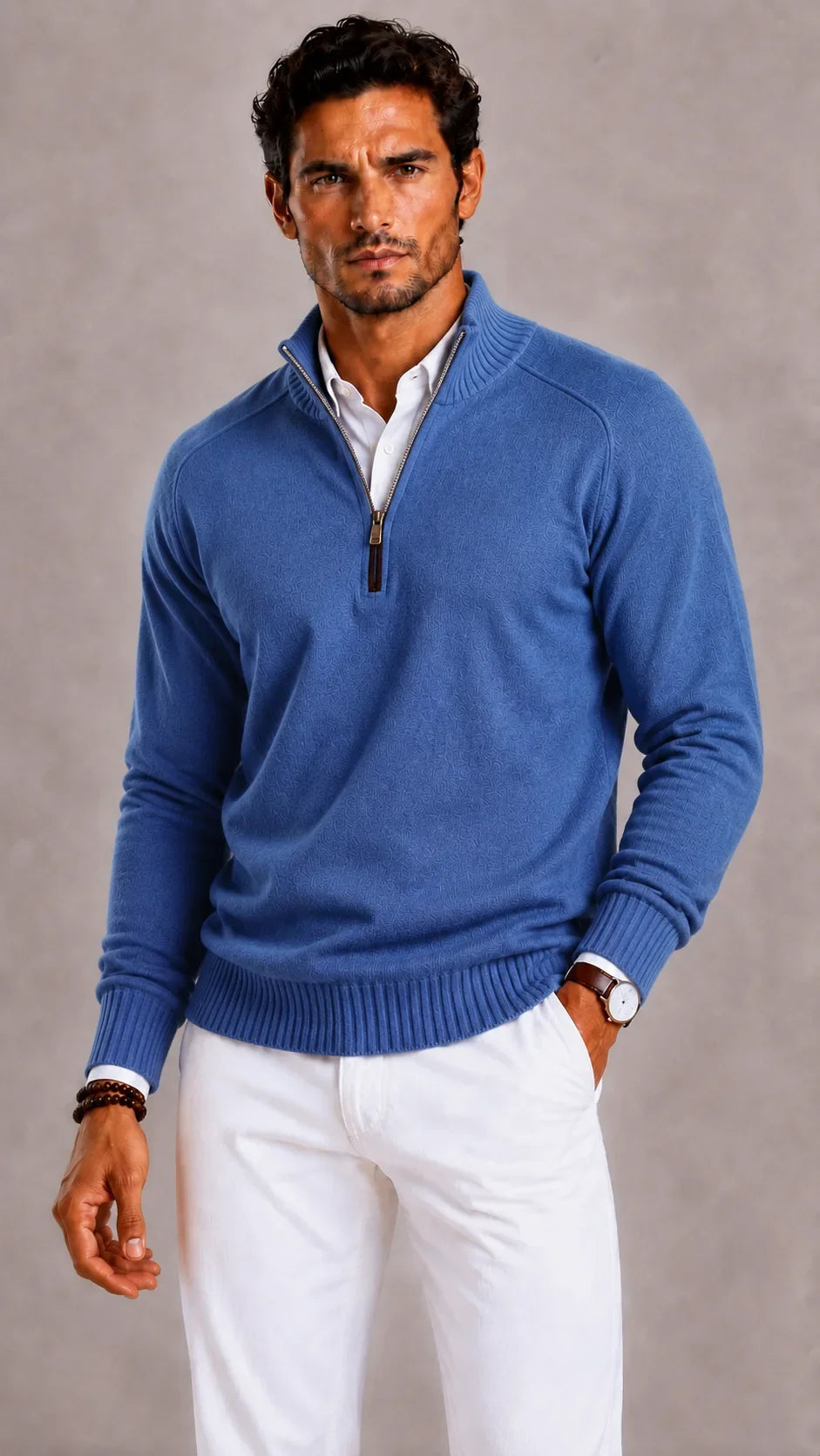 Men's quarter-zip turtleneck sweater with textured knit and ribbed trim