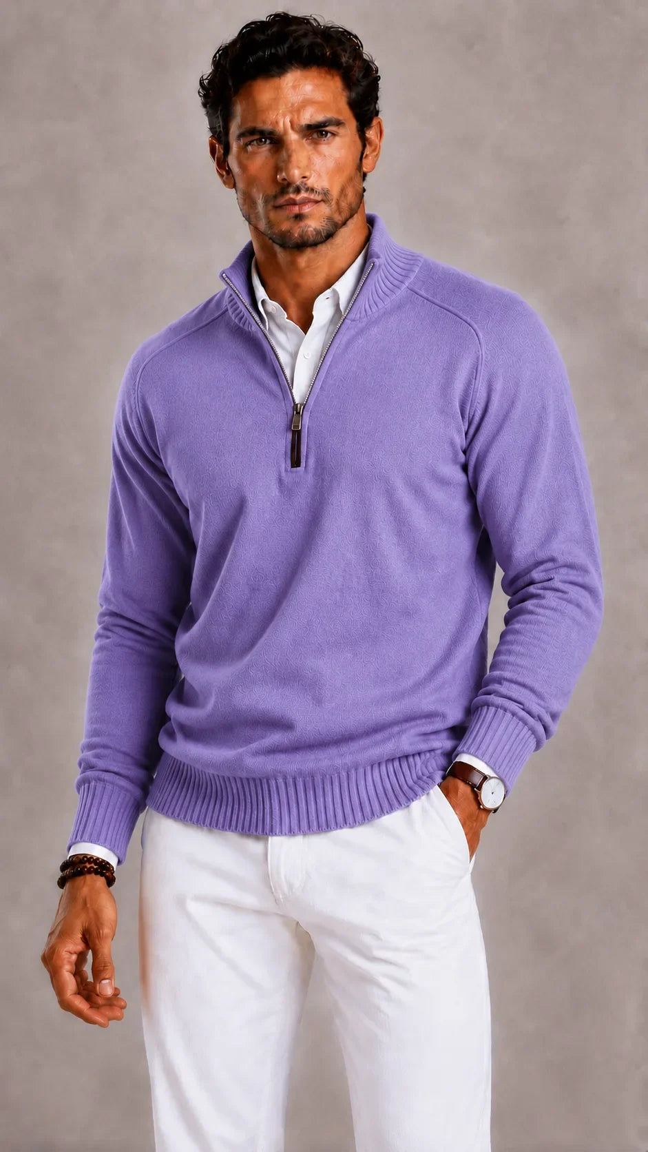 Men's quarter-zip turtleneck sweater with textured knit and ribbed trim