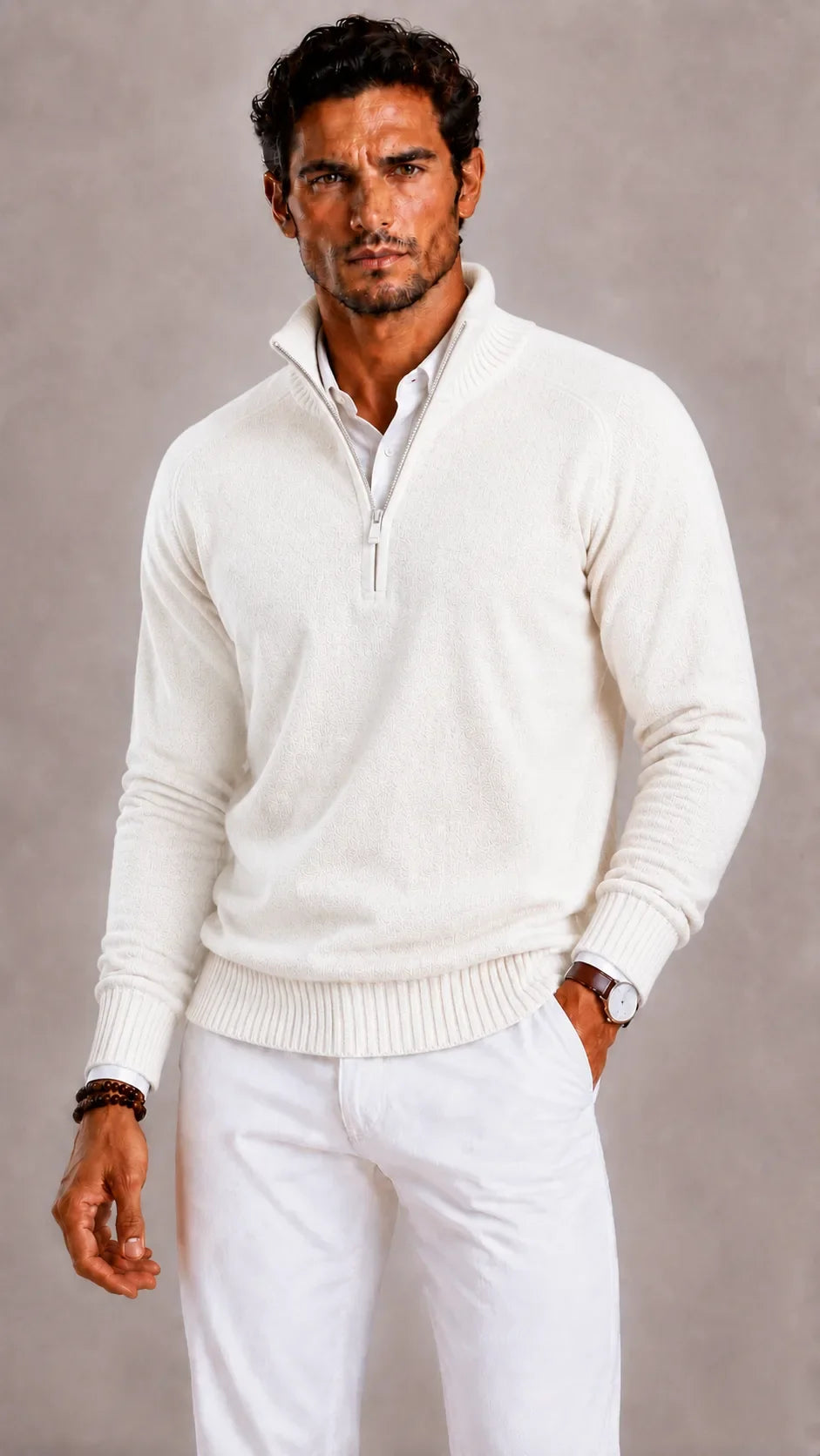 Men's quarter-zip turtleneck sweater with textured knit and ribbed trim