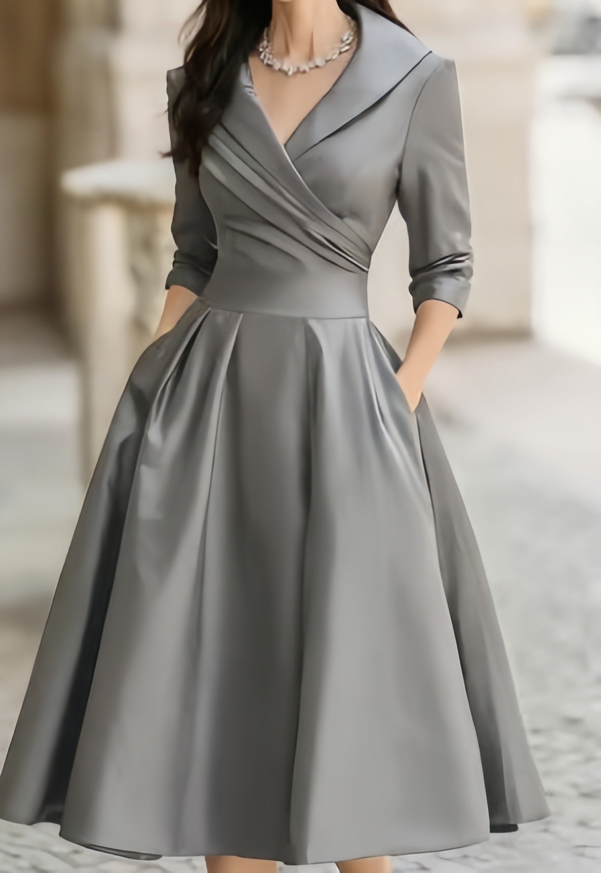 Women's wrap A-line midi dress with long sleeves, full skirt and side pockets