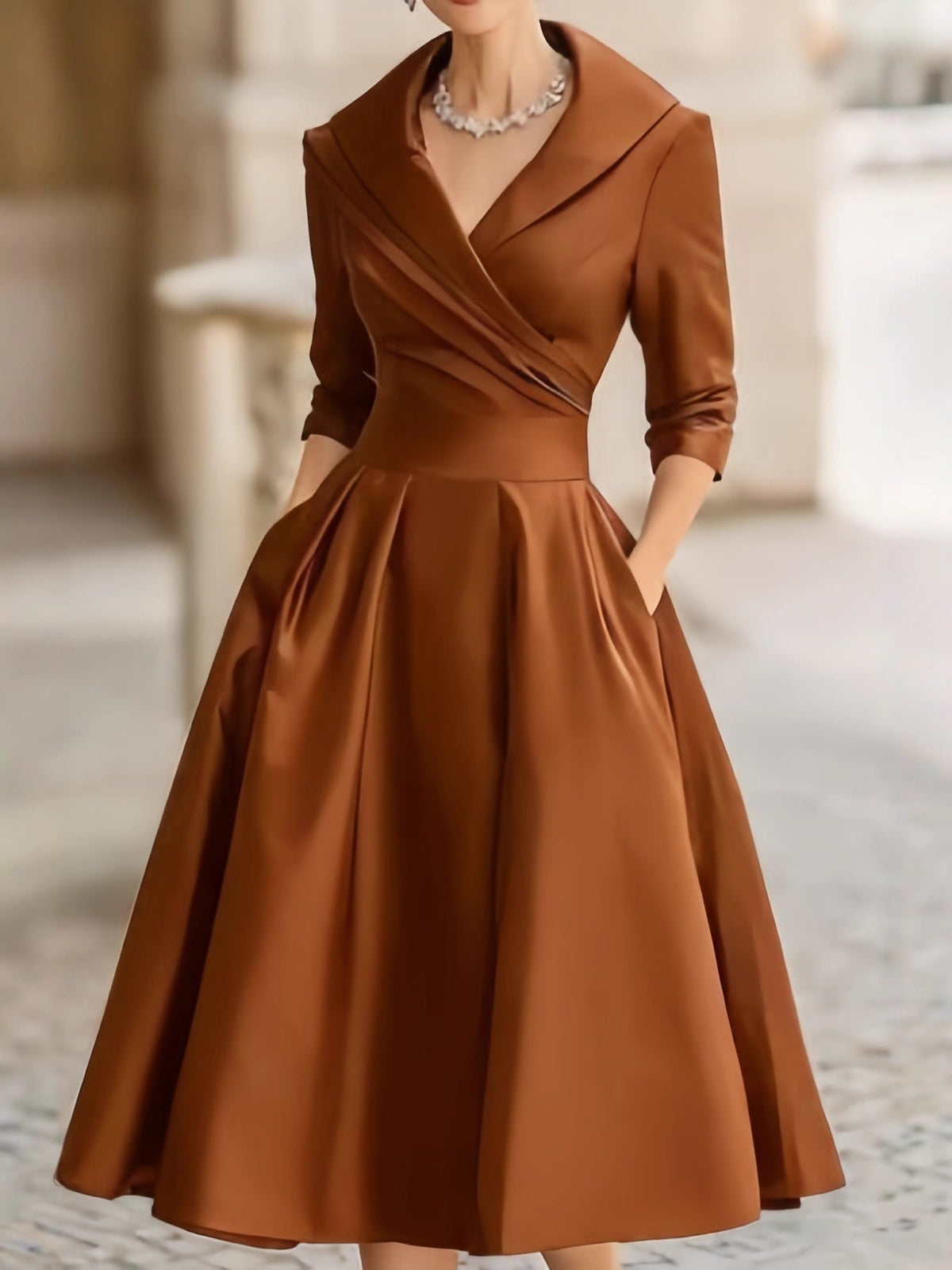 Women's wrap A-line midi dress with long sleeves, full skirt and side pockets