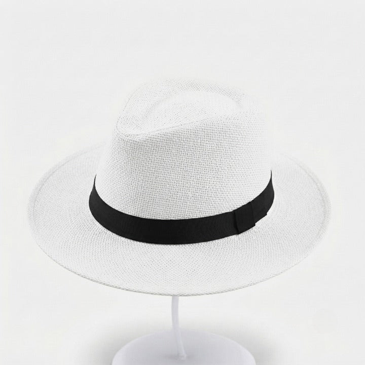 Handwoven straw fedora hat with a wide brim and contrasting band