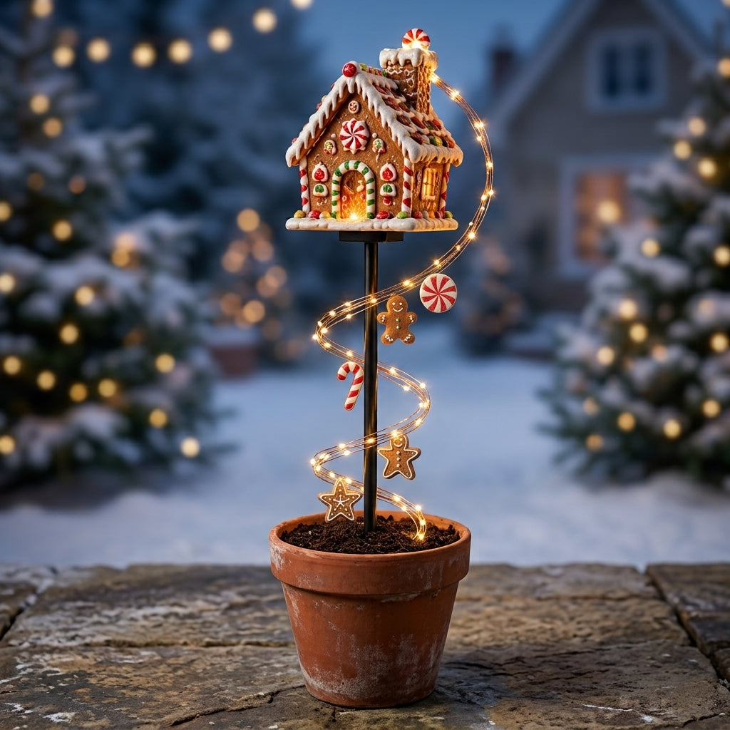 Christmas garden stake light with a decorative figure and warm white festive light strands