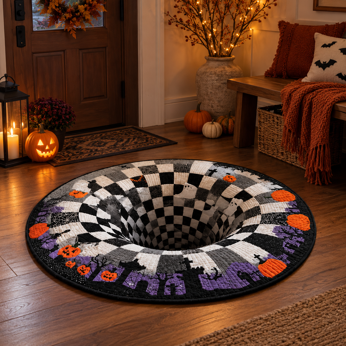 Round Halloween 3D illusion area rug with bold geometric pattern