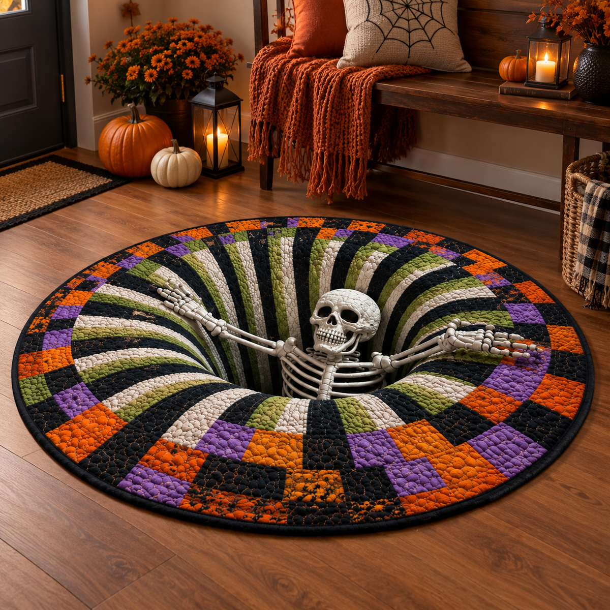 Round Halloween 3D illusion area rug with bold geometric pattern