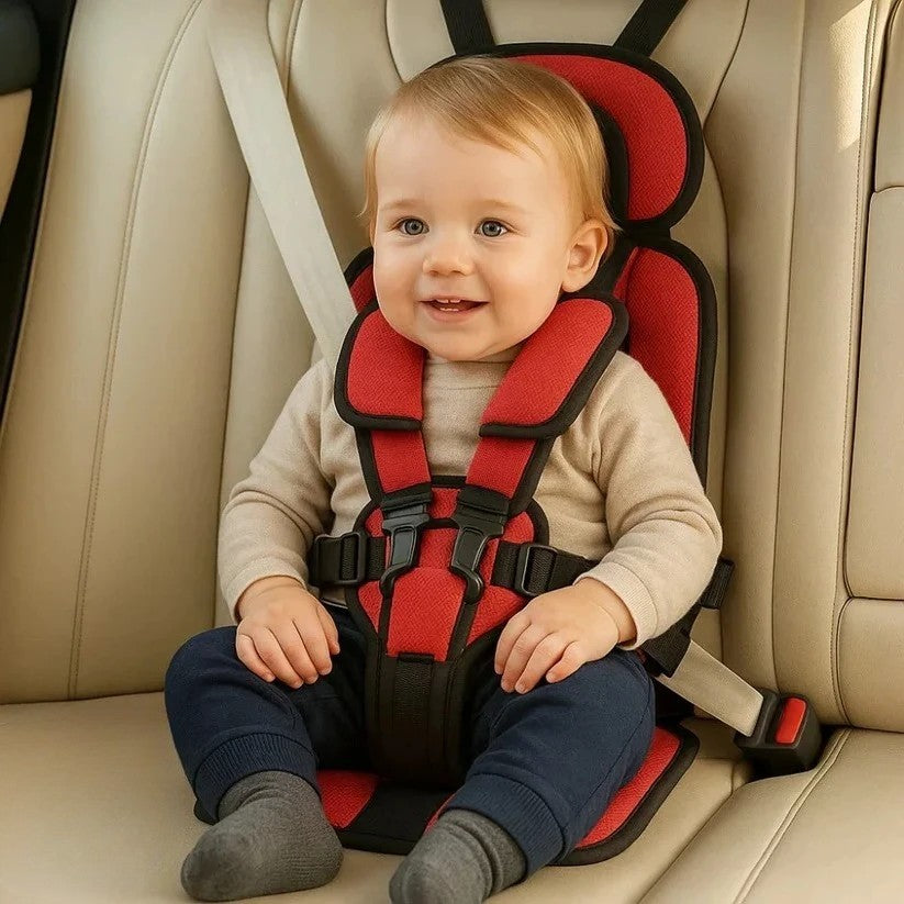 Foldable portable child car seat with integrated harness installed on a vehicle seat