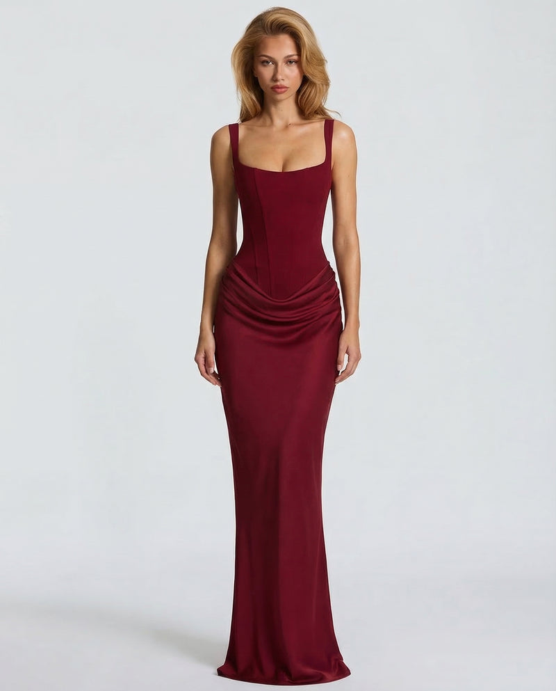 Women's satin corset maxi dress with square neckline and ruched hips