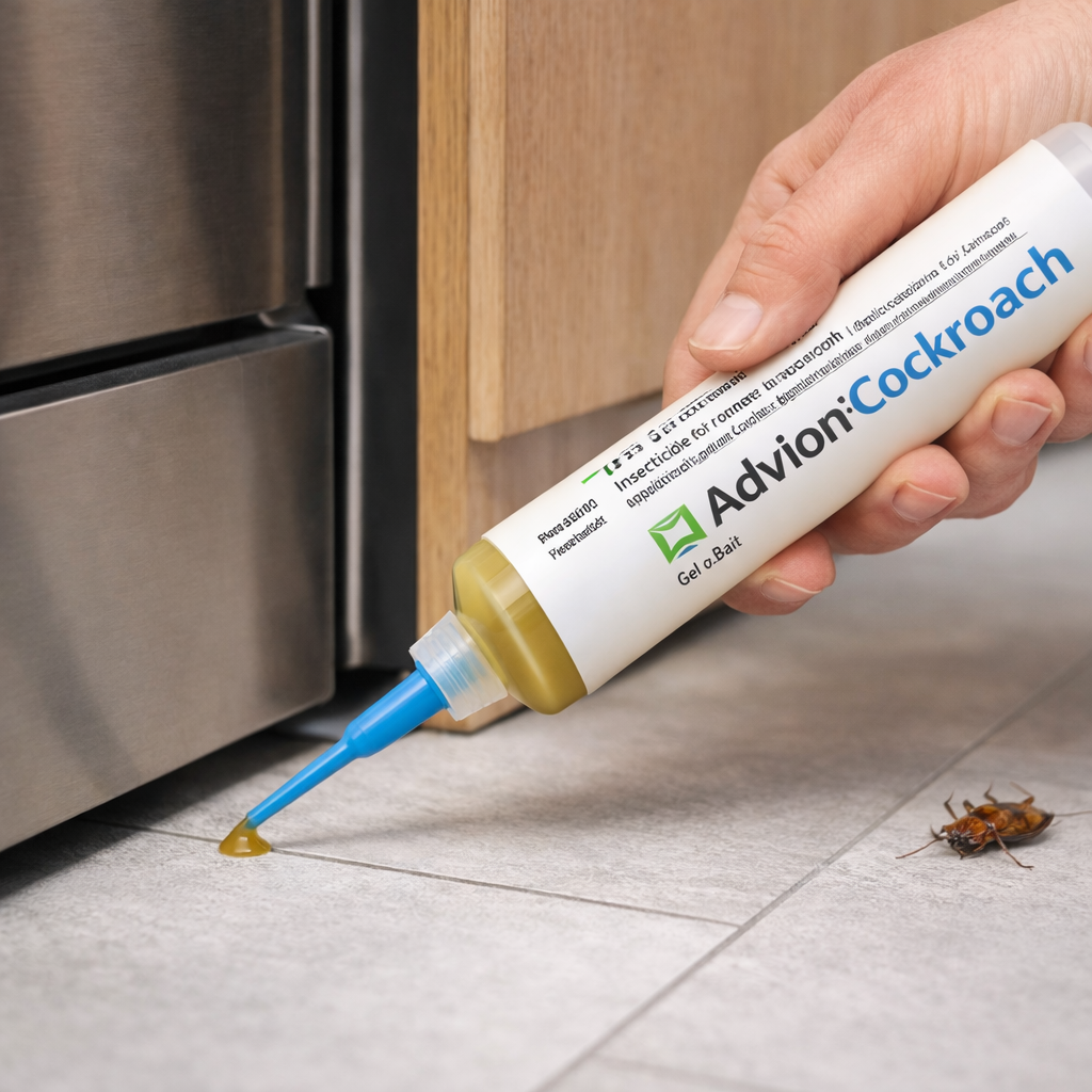 Cockroach gel bait syringe with blue nozzle applying yellow gel indoors