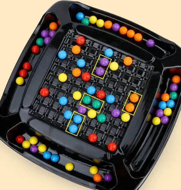 Black screen-free strategy board game with colorful round game pieces