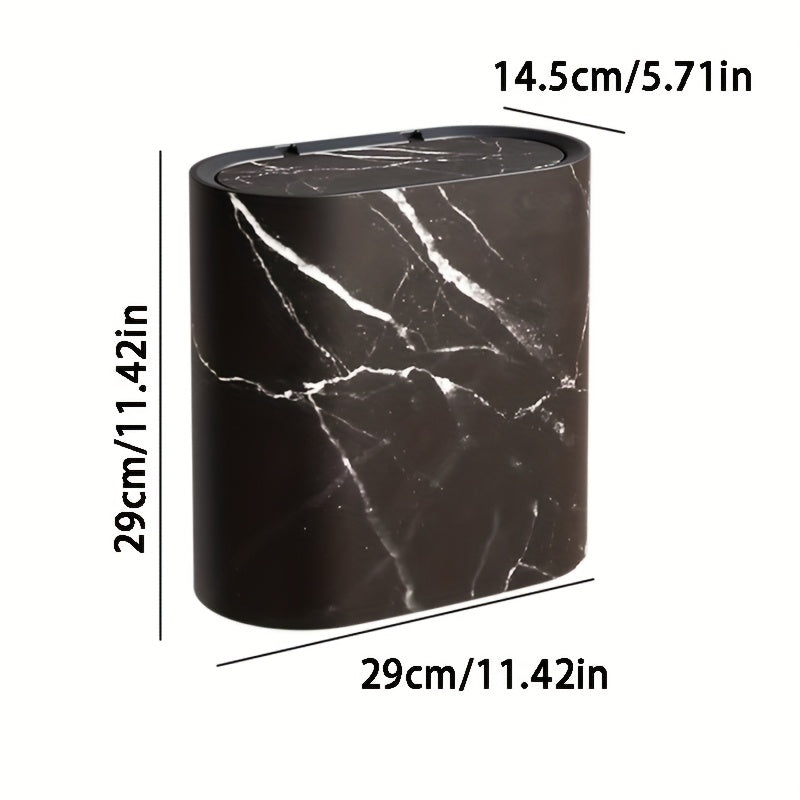 Modern oval lidded trash can with decorative patterned exterior