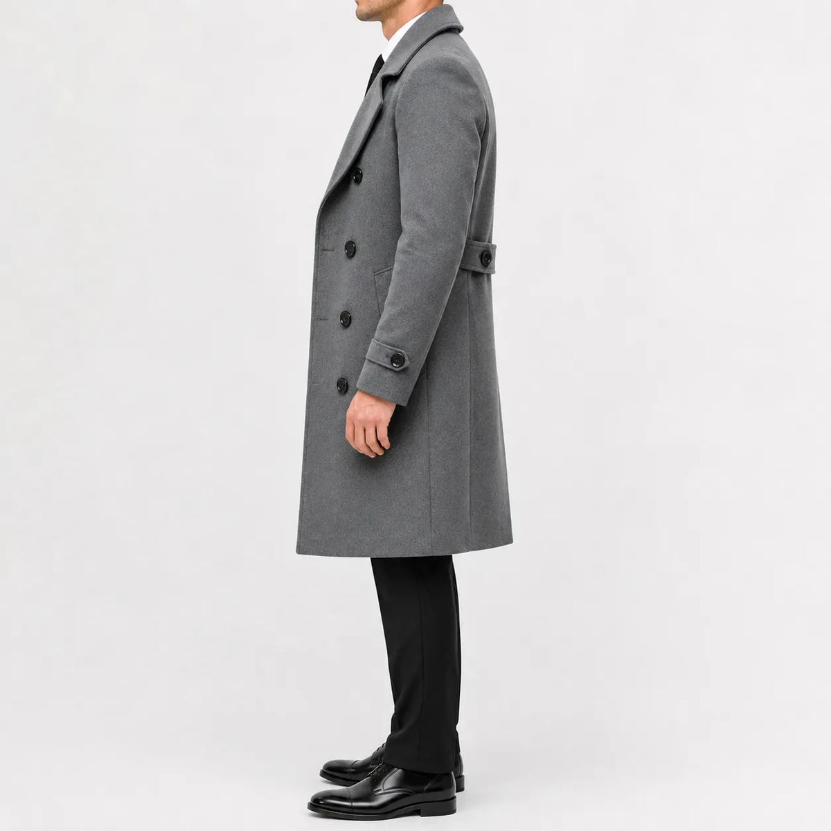Men's long double-breasted trench coat with notched lapels and cuff tabs