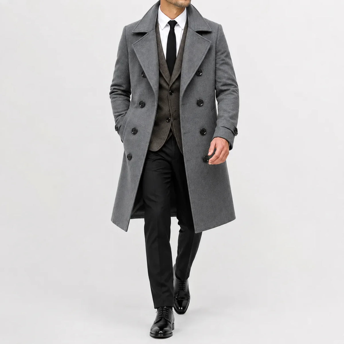 Men's long double-breasted trench coat with notched lapels and cuff tabs