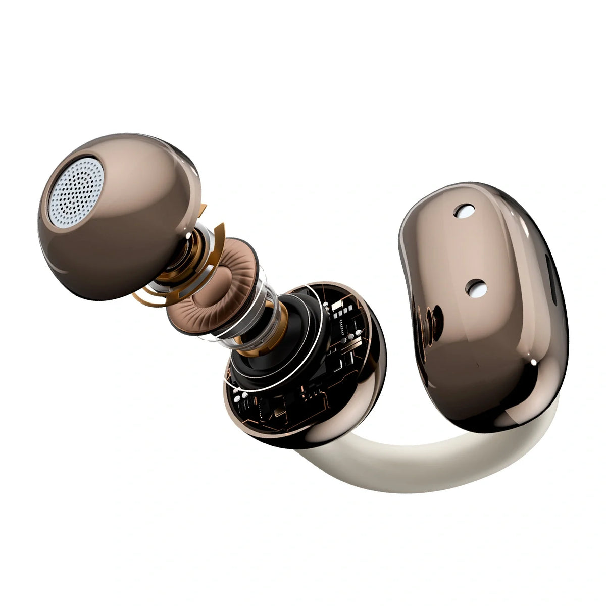 True wireless earbuds with open-ear hooks and carrying case