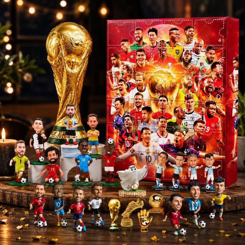 Red football advent calendar with 24 numbered doors and soccer player graphics