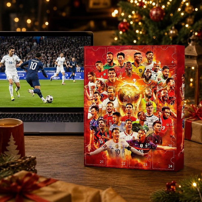 Red football advent calendar with 24 numbered doors and soccer player graphics