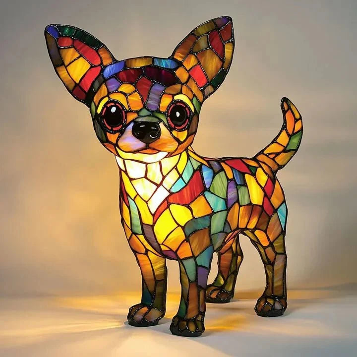 Handmade multicolored stained glass dog table lamp