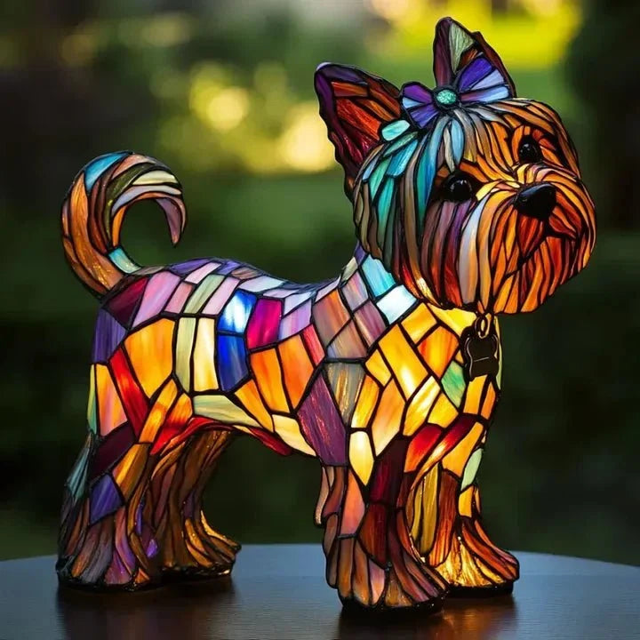 Handmade multicolored stained glass dog table lamp