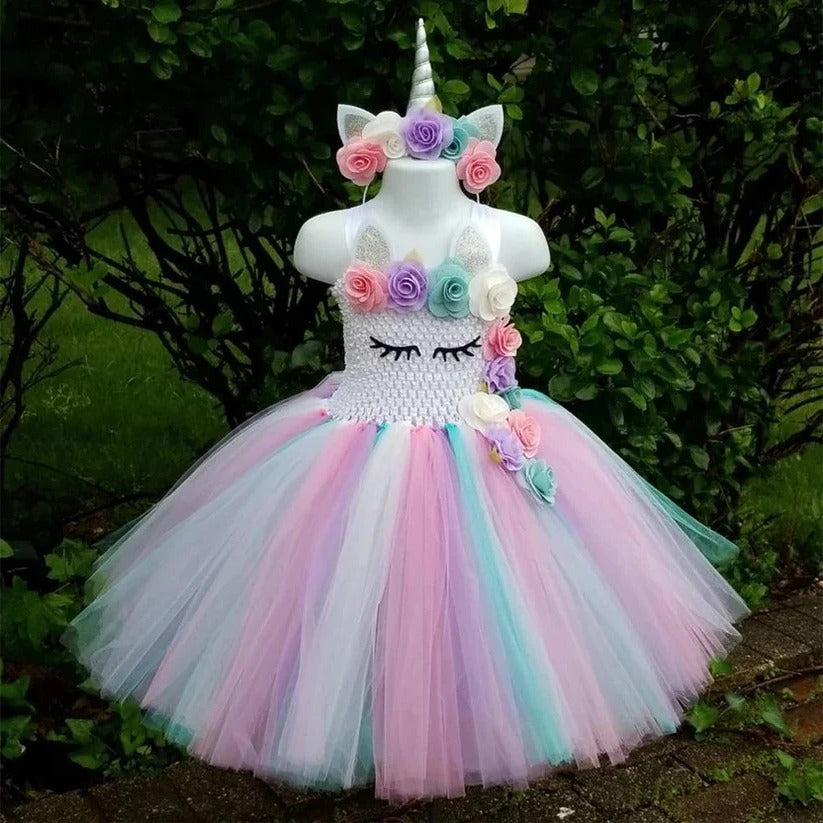 Girls' pastel rainbow unicorn princess dress with layered tulle skirt and matching floral headband