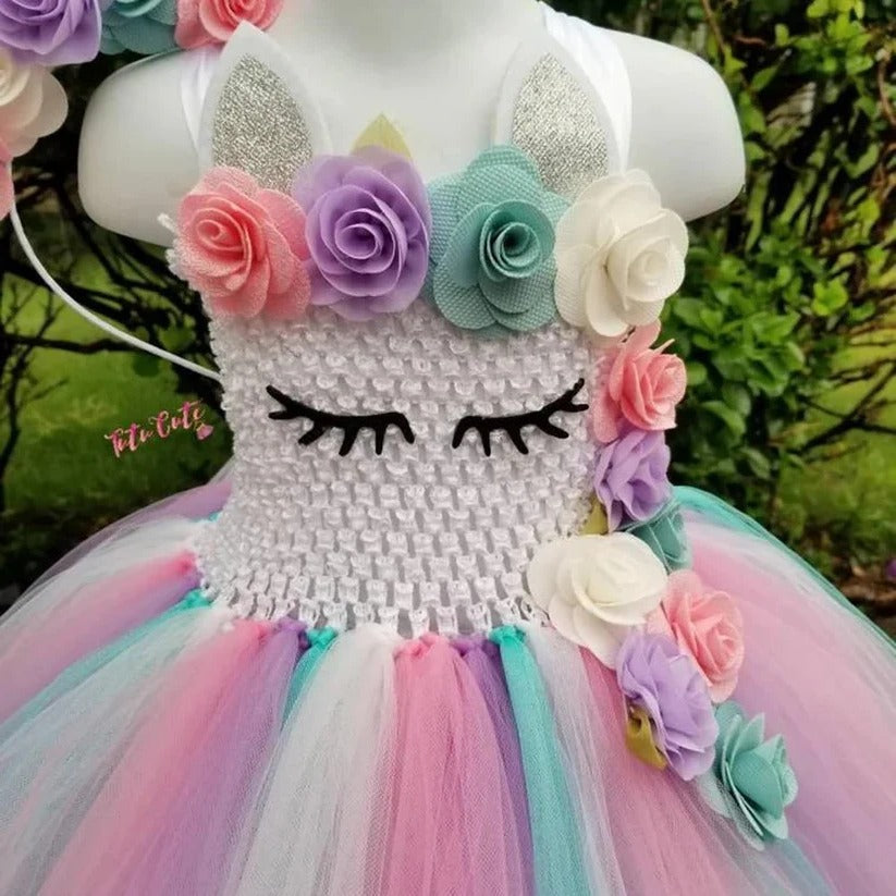 Girls' pastel rainbow unicorn princess dress with layered tulle skirt and matching floral headband