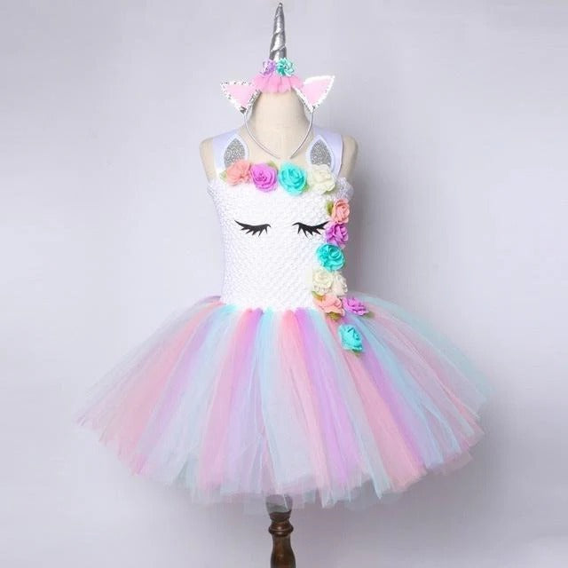 Girls' pastel rainbow unicorn princess dress with layered tulle skirt and matching floral headband