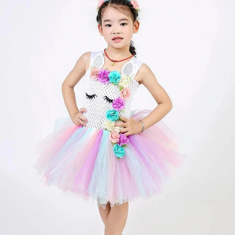 Girls' pastel rainbow unicorn princess dress with layered tulle skirt and matching floral headband