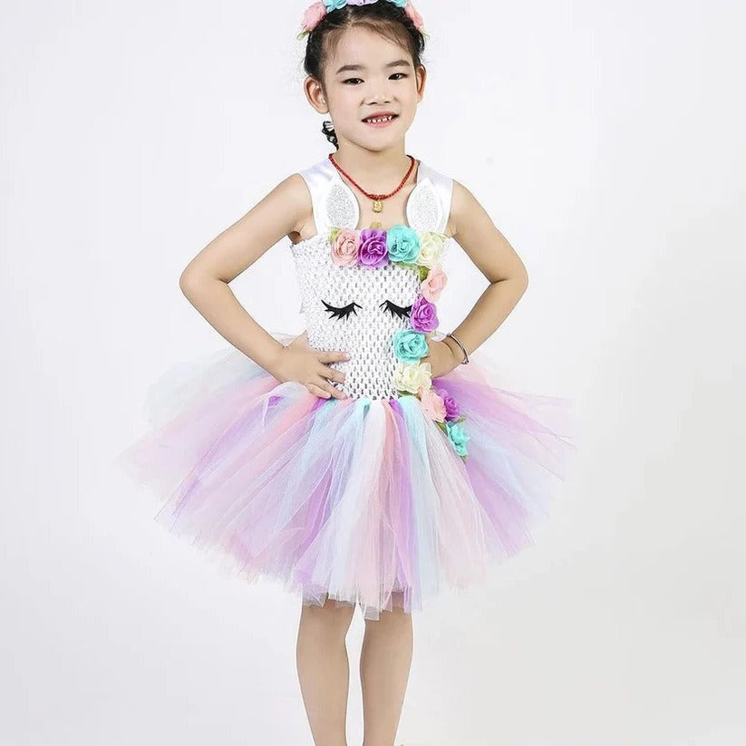 Girls' pastel rainbow unicorn princess dress with layered tulle skirt and matching floral headband